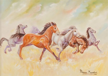 ROMANO MUSSOLINI (Forli' 1927 - Roma 2006) OLIO su tela "cavalli". Misure: cm...