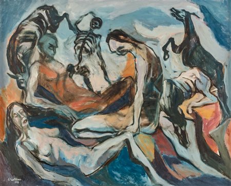 GIOVANNI BARTOLONE OLIO su tela "apocalisse". Datato 1973 Misure: cm 90 x 72