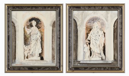 ARIANNA QUADRIO COPPIA MATTONELLE dipinte ad olio "figure femminili entro...