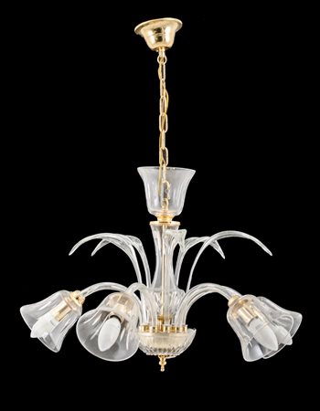 LAMPADARIO a 5 luci in vetro ed ottone con foglie in vetro. XX secolo Misure:...