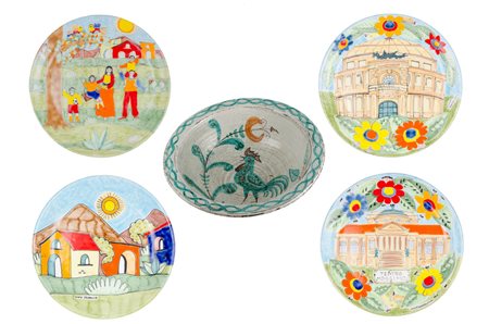 LOTTO composto da BACILE in ceramica smaltata raffigurante "gallo" e da 4...