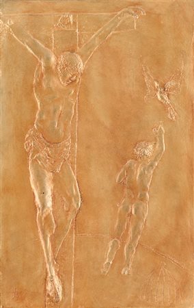 UGO RIVA (Bergamo 1951) BASSORILIEVO in bronzo patinato "la croce della...