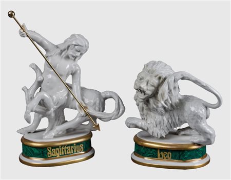 DUE SCULTURE in porcellana bianca raffigurante "sagittario" e "leone". XX...