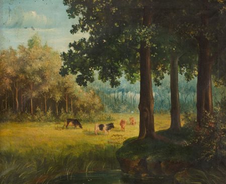 LUCIEN STUYTS (1879 - 1969) OLIO su tela "paesaggio con armenti". Misure: cm...