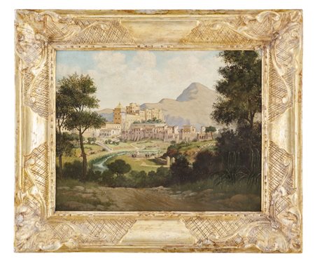 OLIO su tavola "veduta del Palazzo Reale a Palermo". XX secolo Misure: cm 47...