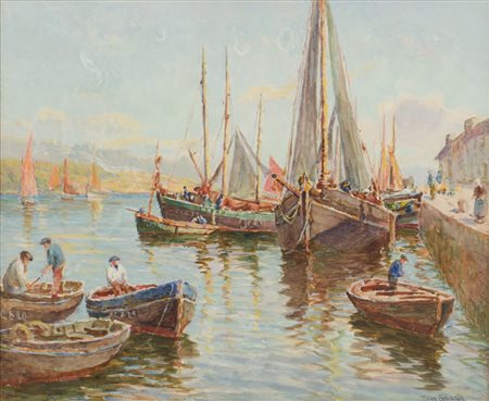 TOM GAUGH TECNICA mista "porticciolo con pescatori". Inghilterra XX secolo...