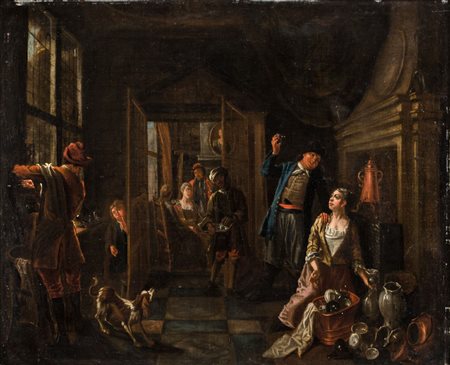 OLIO su tela "interno con mercanti d'arte". Olanda XVIII secolo Misure: cm 84...