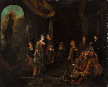 OLIO su tela "interno con mercanti d'arte". Olanda XVIII secolo Misure: cm 84...