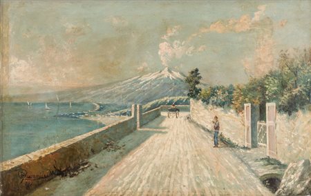 GUARNIERI OLIO su tela "veduta dell Etna da Taormina". Datato 1955 Misure: cm...