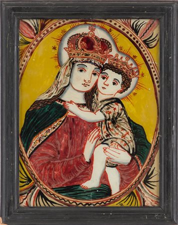 PITTURA su vetro "Madonna con Bambino". XX secolo Misure: cm 30 x 40