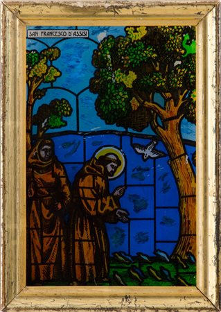 PITTURA su vetro "San Francesco d'Assisi". Italia XX secolo Misure: cm 16 x 24