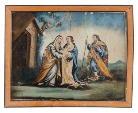 PITTURA su vetro "Madonna, San Giuseppe e Santa" (rotture e difetti). Sicilia...