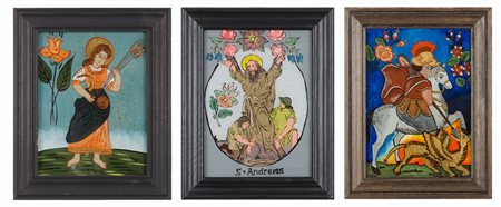 TRE PITTURE su vetro "San Giorgio", "Sant'Andrea" e "Santa". XX secolo...