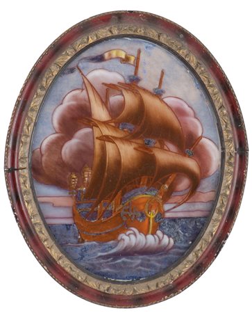 PITTURA su vetro ovale "galeone". Italia primi '900 Misure: cm 28 x 35