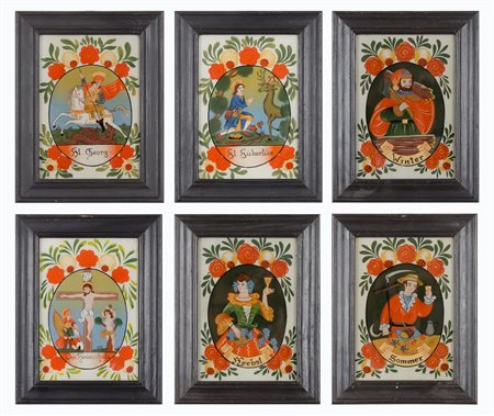 SEI PICCOLE PITTURE su vetro "3 stagioni", "San Giorgio", "Crocifissione" e...