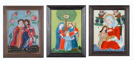 TRE PITTURE su vetro "Sacra Famiglia con Spirito Santo", "Madonna con...