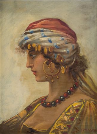 L. MESSINA OLIO su tavoletta "mezzobusto di figura femminile" firmato in...