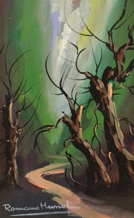 ROMANO MUSSOLINI (Forli' 1927 - Roma 2006) OLIO su faesite "sentiero nel...