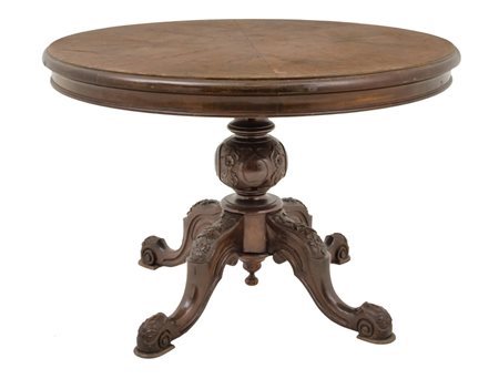 TAVOLO tondo stile Vittoriano in noce e radica di noce. XX secolo Misure:...