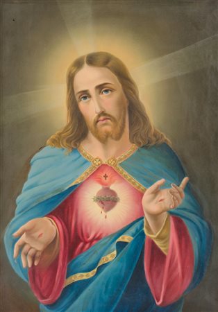 OLIO su tela "Sacro Cuore di Gesu'" entro cornice coeva. Sicilia primi '900...