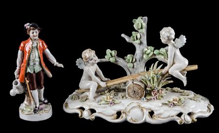 LOTTO composto da GRUPPO in porcellana dipinta raffigurante "gioco di putti"...