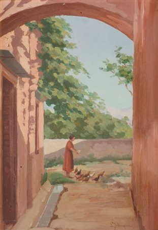 L. JELAQUE OLIO su tavoletta "cortile". Sicilia primi '900 Misure: cm 32,5 x 45