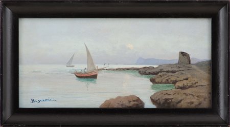 OLIO su tavola "alba a Palermo". XX secolo Misure: cm 35 x 17,5