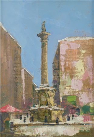 CORRADO ROMANO OLIO su cartone telato "piazza cittadina con monumento"...