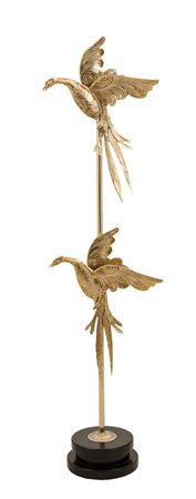 LUME da terra in ottone con volatili. Italia anni '70 Misure: h cm 175