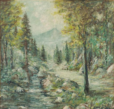 OLIO su masonite "paesaggio boschivo". XX secolo Misure: cm 87,5 x 84