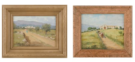 DUE OLI "paesaggi con personaggi". XX secolo Misure: cm 17 x 14