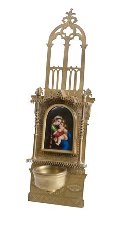 ACQUASANTIERA in metallo con placca in porcellana dipinta raffigurante...