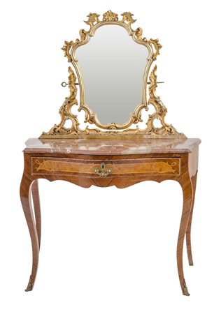 TOLETTA CON POLTRONCINA stile Luigi XV in legno di rosa e radica di tuja con...