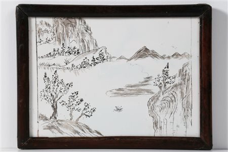 Arte Cinese Placca in porcellana dipinta con paesaggio lacustre Cina, XIX -...