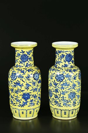 Arte Cinese Coppia di vasi in porcellana smaltata con fiori blu su fondo...