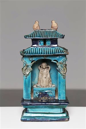 Arte Cinese Modello di pagoda in terracotta invetriata di turchese con figura...