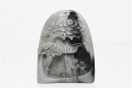 Arte Cinese Intaglio in giada bianca con screziatura nera Cina, fine XIX...