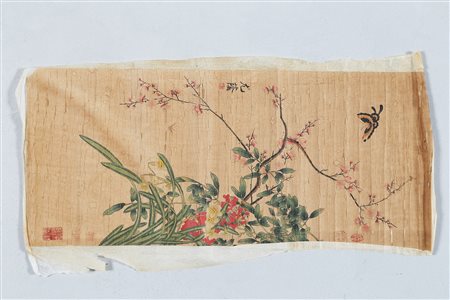 Arte Cinese Dipinto rettangolare con rami di ciliegio con sigillo...