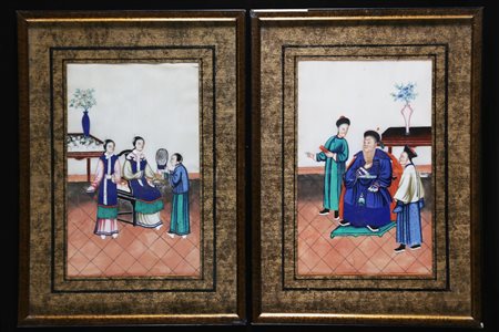 Arte Cinese Coppia di dipinti di Canton su carta di riso Cina, XIX secolo. -....