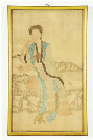 Arte Cinese Stampa raffigurante una donna seduta su mobile in radica Cina, XX...