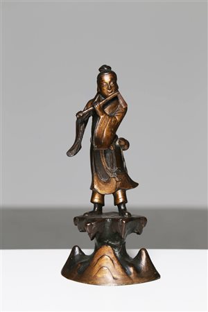 Arte Cinese Piccola scultura in bronzo parzialmente dorato a patina marrone...