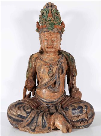 Arte Cinese Statua in legno policromo raffigurante Guanyin assisa Cina,...