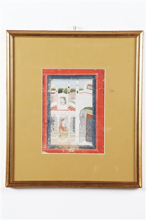 Arte Indiana Miniatura raffigurante una donna in un palazzo bianco India...