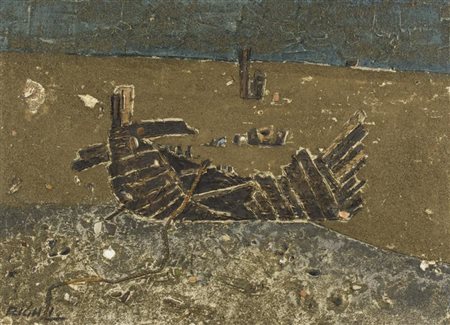 Federico Righi (Trieste 1908 1987) Barca sulla spiaggia 1961 Tecnica mista,...