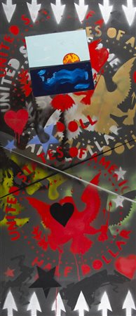 Franco Angeli (Roma 1935 1988) Paesaggio, aquile e stelle 1968 Smalto e...