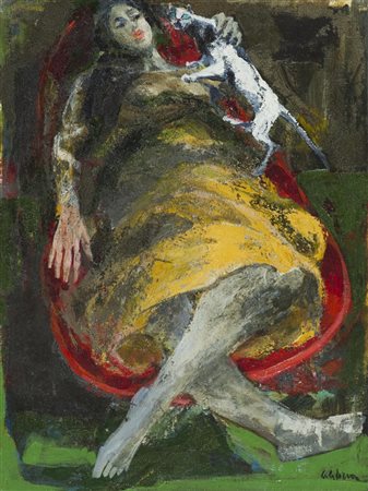 Ennio Calabria (Tripoli 1937) Donna con cane 1989 Olio su tela, cm. 40x30...