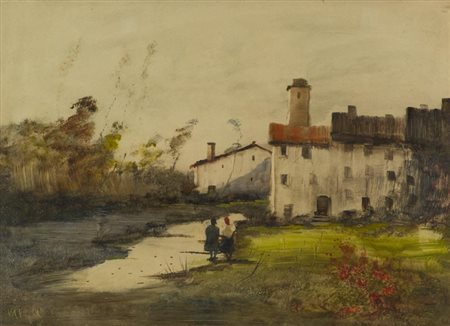 Vittore Antonio Cargnel (1872 1931) Paesaggio con figure Firmato in basso a...