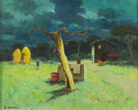 Renato Natali (Livorno 1883 1979) Paesaggio con figura Olio su cartone...