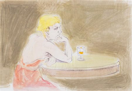 Alberto Sughi (Cesena 1928 2012) Al tavolo del caffè Gouache su carta, cm....