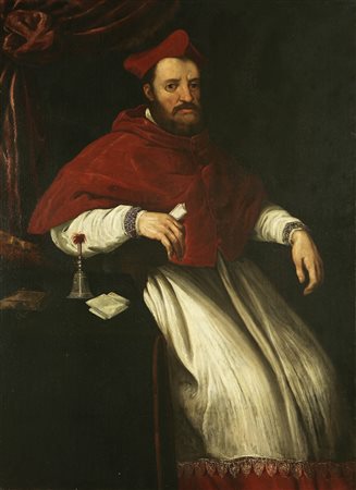 PITTORE ROMANO DEL XVII SECOLO Ritratto di cardinale seduto su un grande...